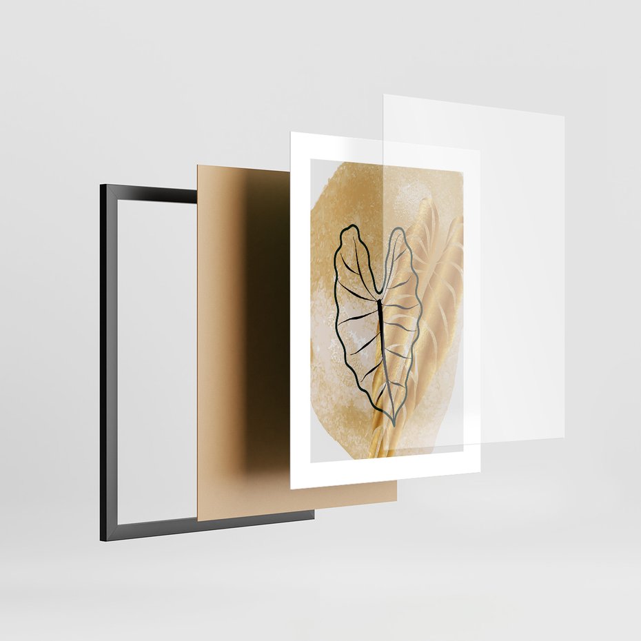 Zestaw obrazy w ramie, plakaty - liście, abstrakcja, rośliny - rama czarna