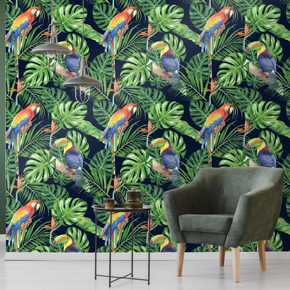 Tapeta - liście, papuga, tukan