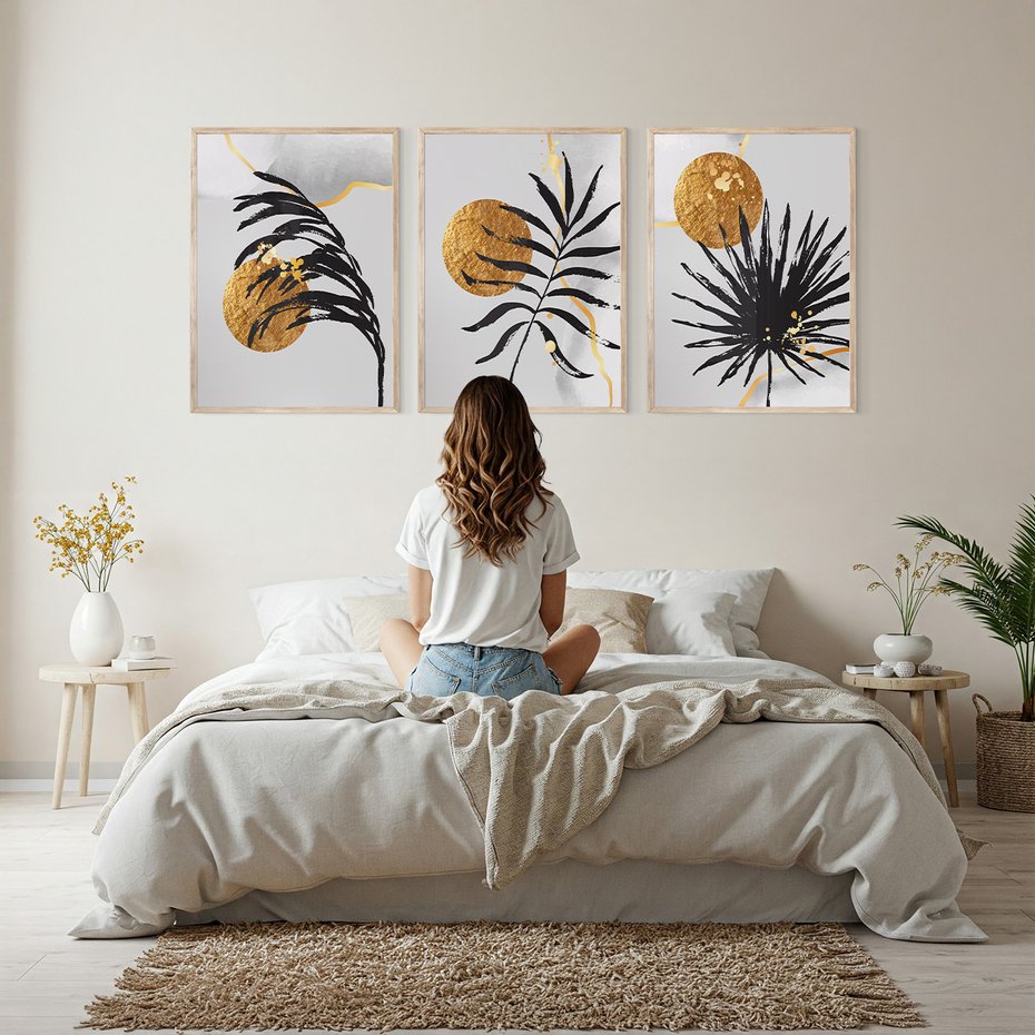 Zestaw obrazy w ramie, plakaty - liście, abstrakcja, złoto - rama drewno