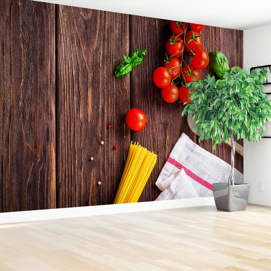 Fototapeta - pomidory, spaghetti, bazylia