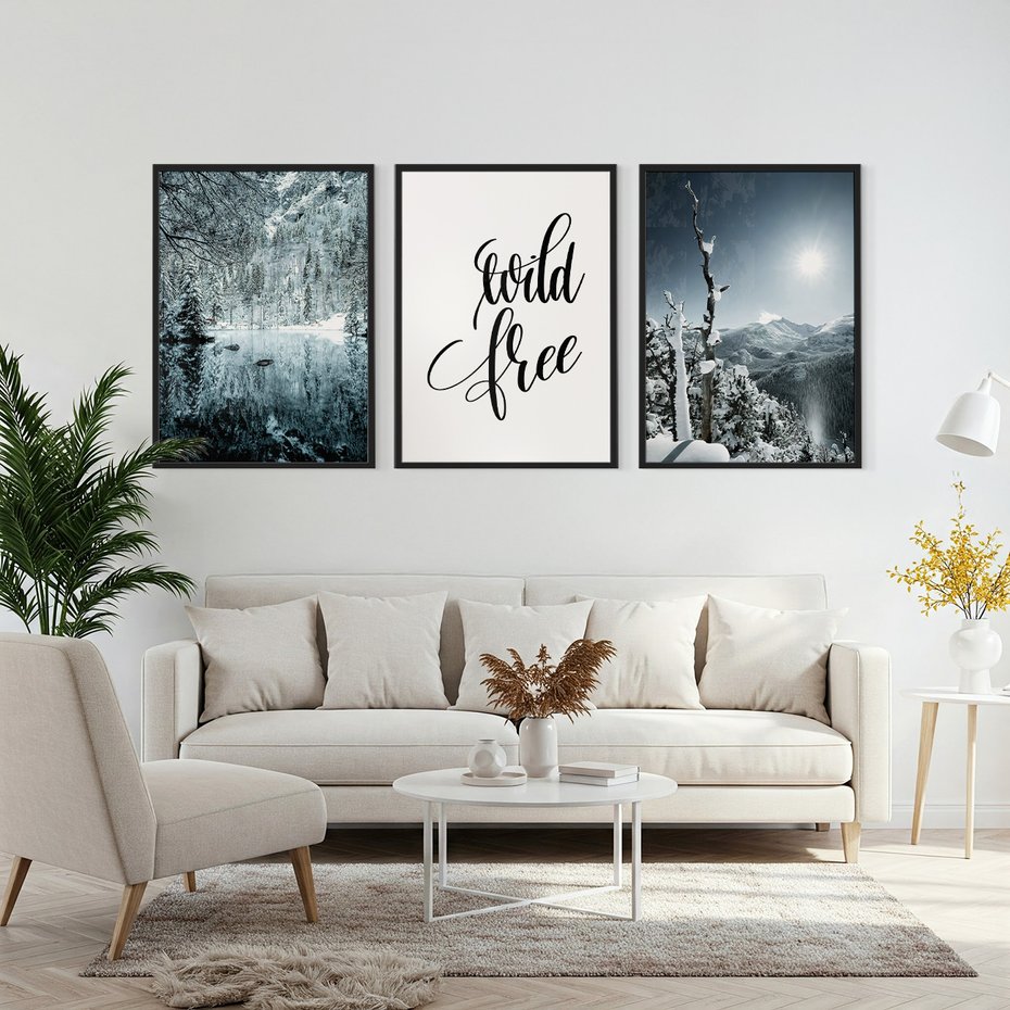 Zestaw obrazy w ramie, plakaty - zima, śnieg, góry - rama czarna