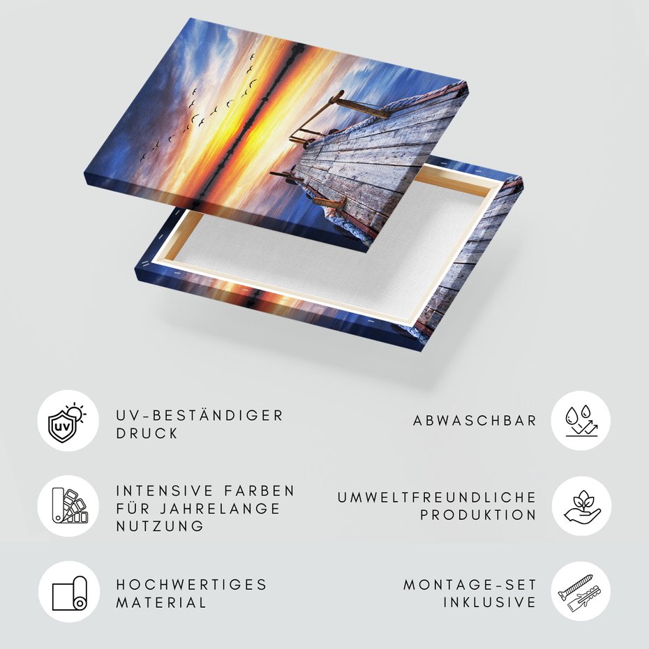 Obraz na płótnie - pomost, zachód słońca, ptaki