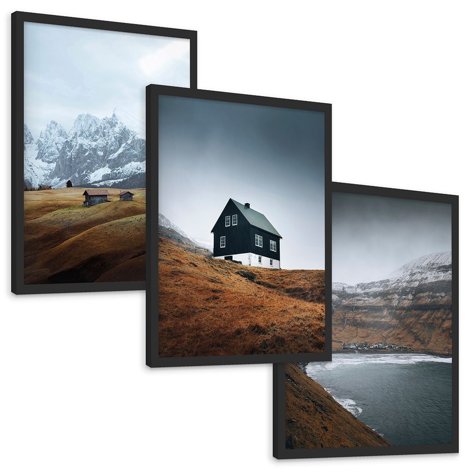 Zestaw obrazy w ramie, plakaty - góry, domy, krajobraz - rama czarna