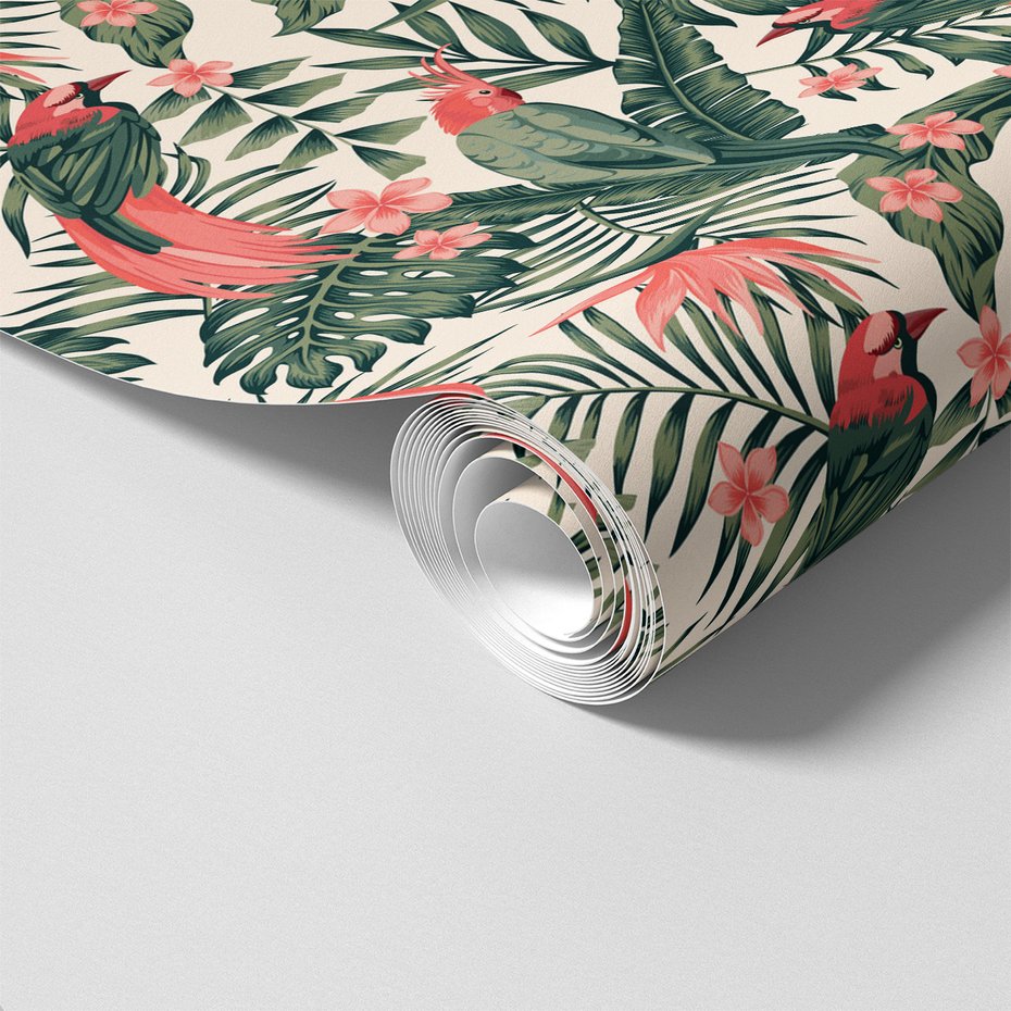 Tapeta - liście, papugi, kwiaty