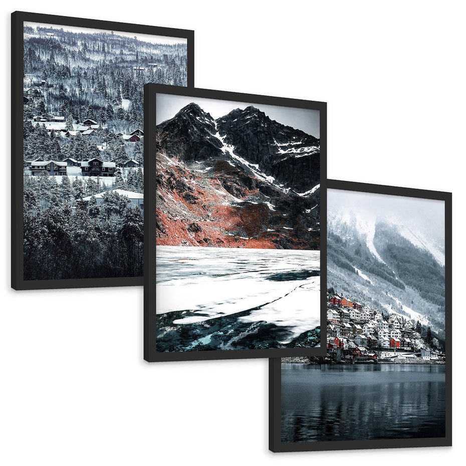 Zestaw obrazy w ramie, plakaty - śnieg, góry, zima - rama czarna