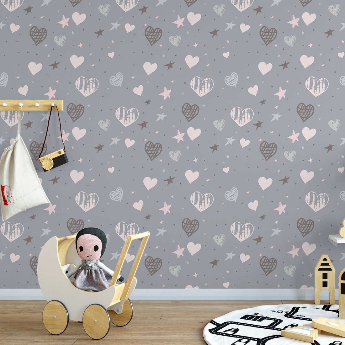 Tapeta - dziecięca, serca, gwiazdy,