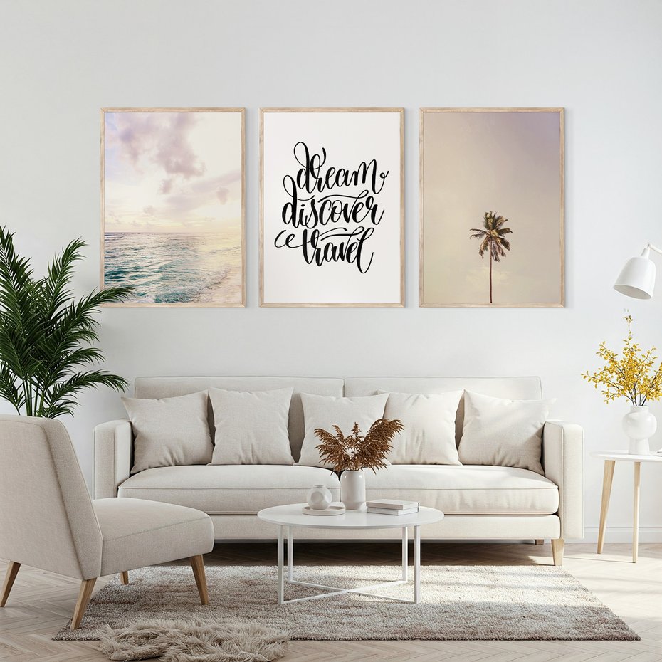 Zestaw obrazy w ramie, plakaty - plaża,palma,napis - rama drewno