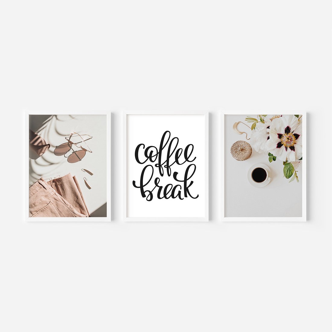 Zestaw obrazy w ramie, plakaty - kwiaty, kawa, akcesoria - rama biała