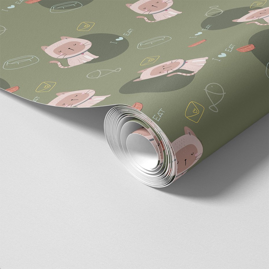 Tapeta - dziecięca, koty, miski, ryby