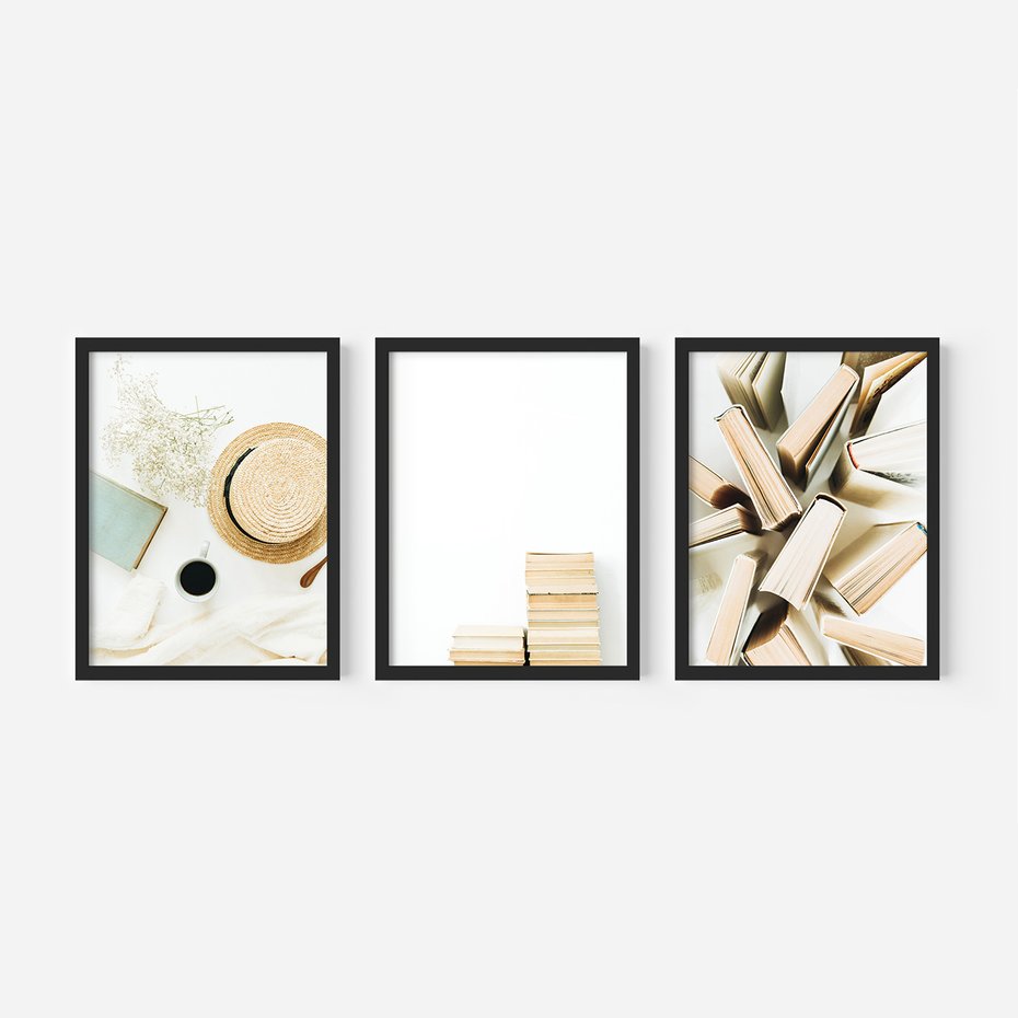Zestaw obrazy w ramie, plakaty - książki, kapelusz, kwiaty - rama czarna