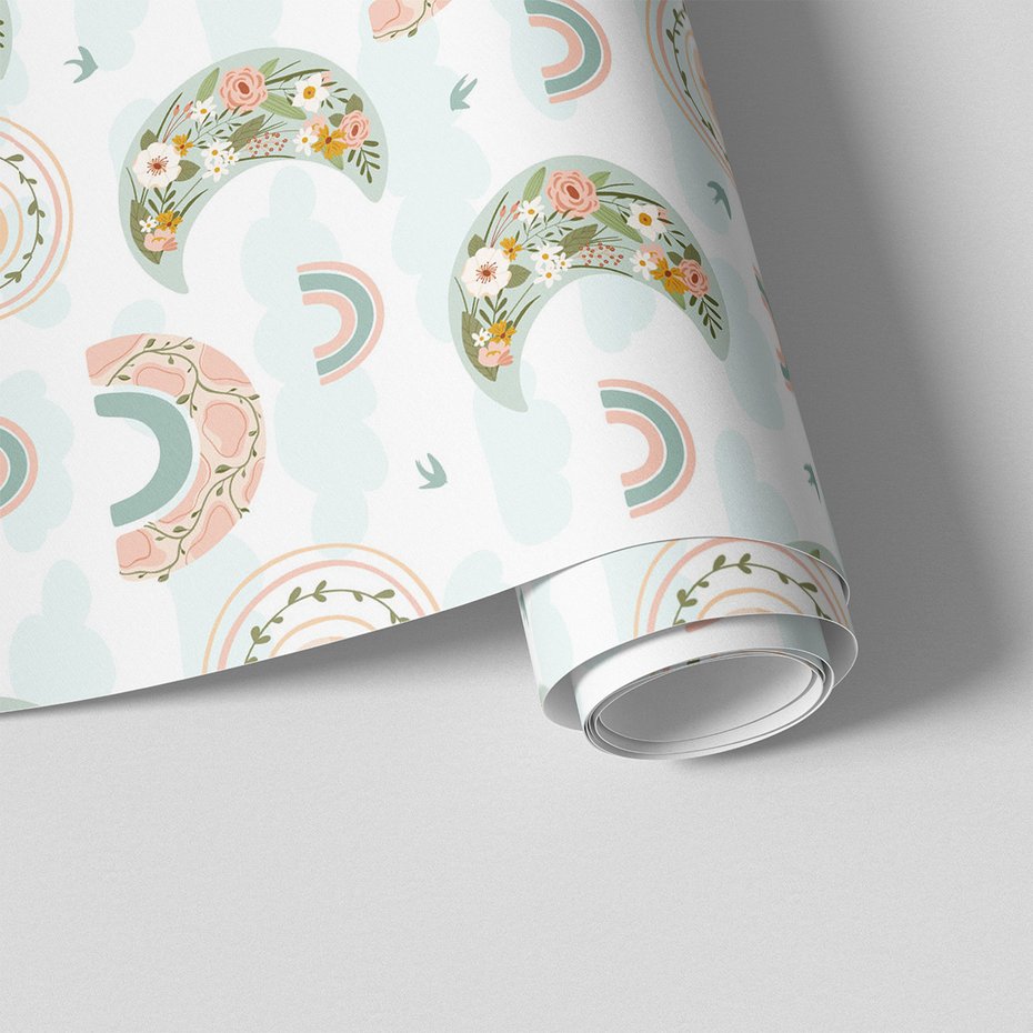 Tapeta - dziecięca, księżyc, tęcza, kwiaty