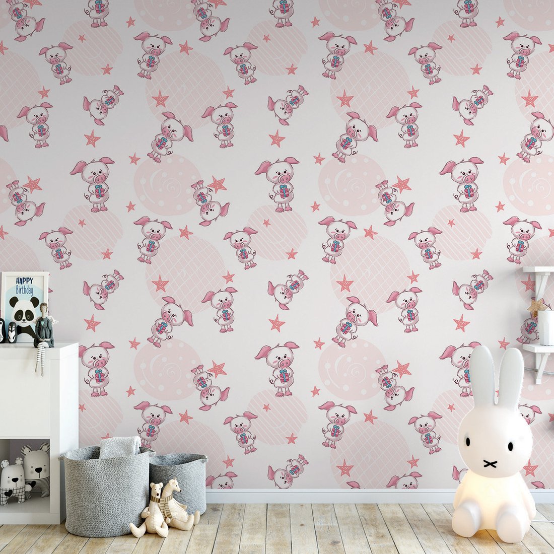 Tapeta - dziecięca, świnki, gwiazdy, prezenty