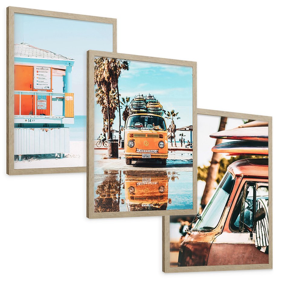 Zestaw obrazy w ramie, plakaty - plaża, wakacje, lato - rama drewno