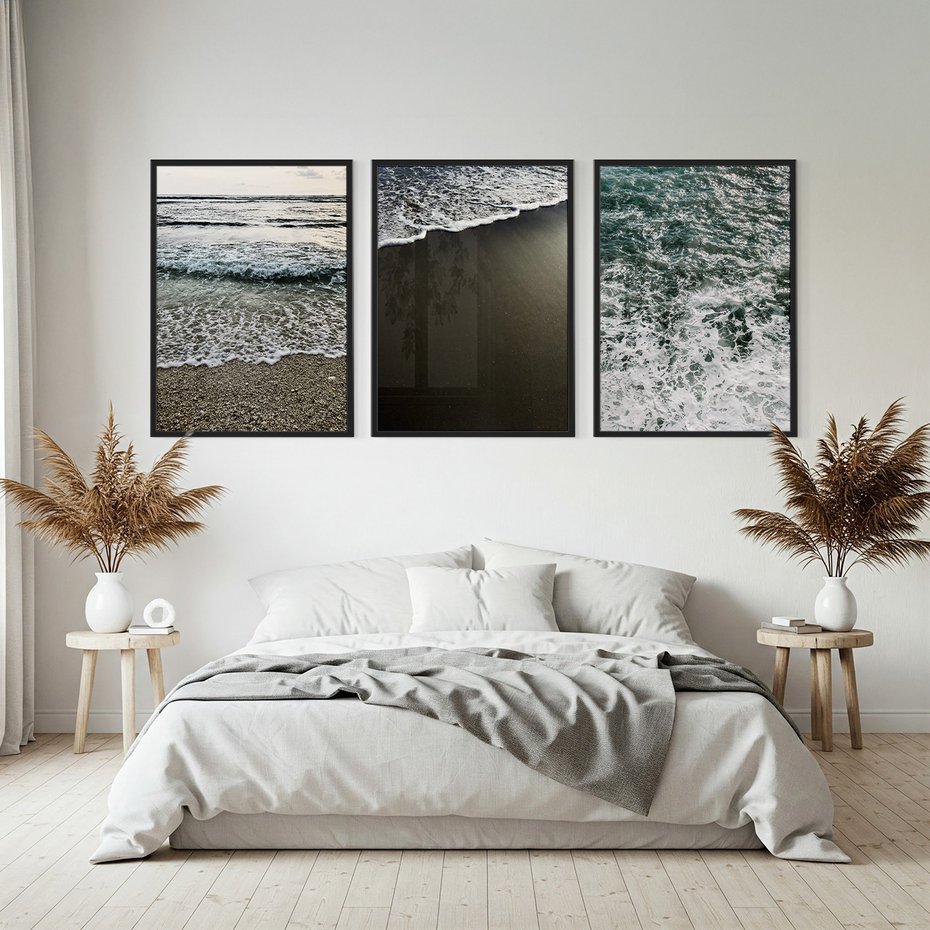 Zestaw obrazy w ramie, plakaty - morze, woda, plaża - rama czarna