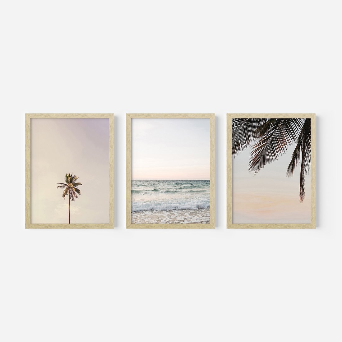 Zestaw obrazy w ramie, plakaty - plaża, morze, palmy - rama drewno