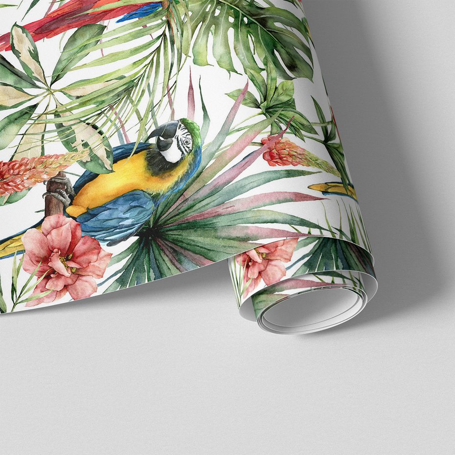 Tapeta - papugi, kwiaty, liście