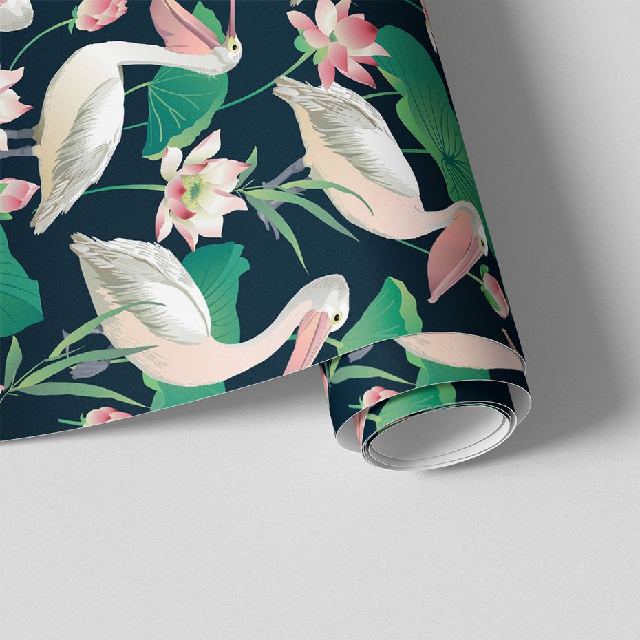 Tapeta - pelikan, kwiat, liście