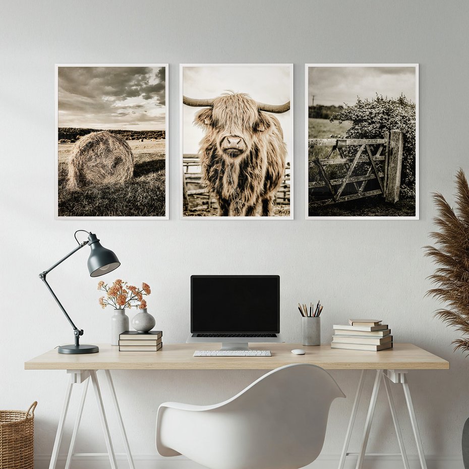 Zestaw obrazy w ramie, plakaty - wieś, zwierzęta, krajobraz - rama biała