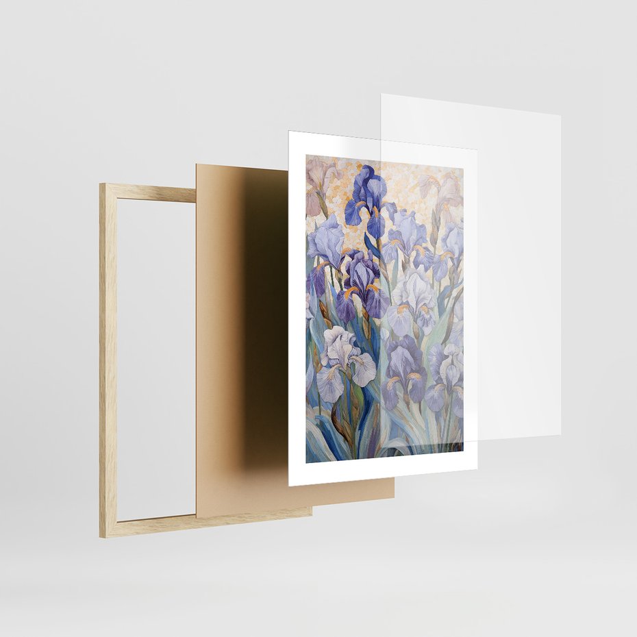 Zestaw obrazy w ramie, plakaty - kwiaty, irysy, rośliny - rama drewno