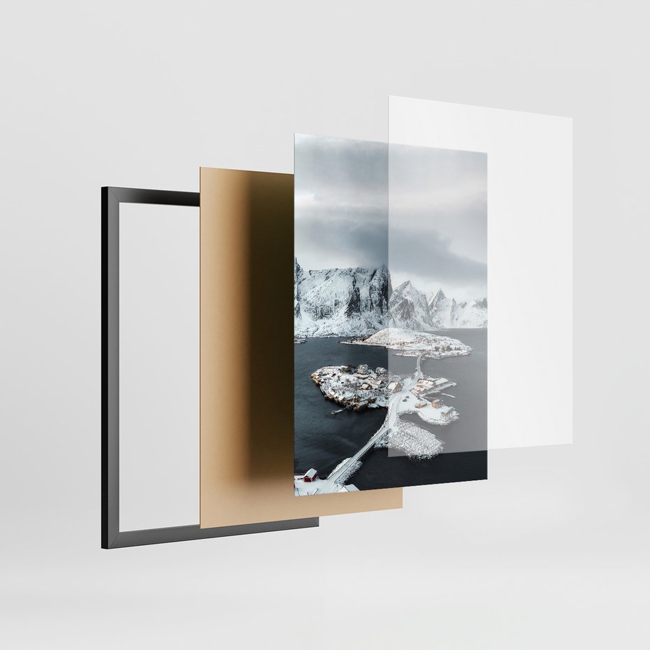 Zestaw obrazy w ramie, plakaty - góry, śnieg, woda - rama czarna