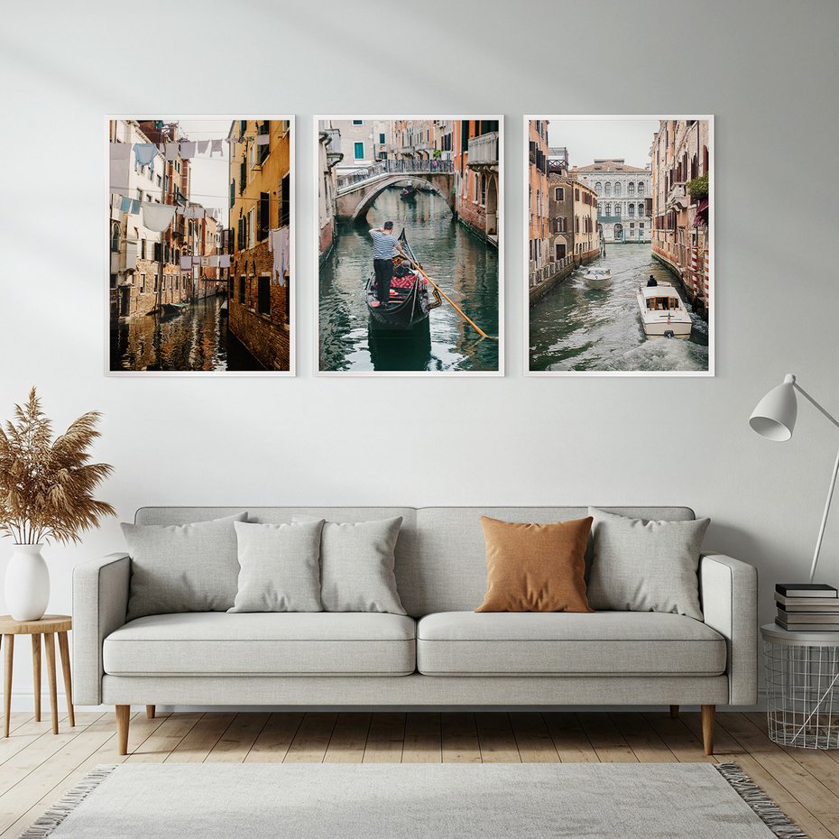 Zestaw obrazy w ramie, plakaty - Wenecja, gondola, kanał - rama biała