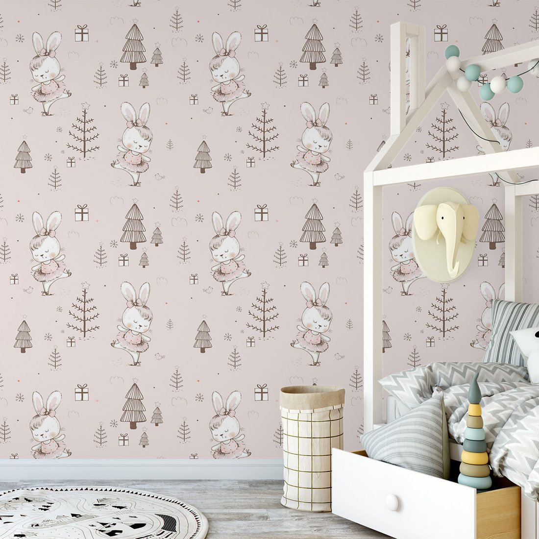 Tapeta - dziecięca, królik, choinki, prezenty