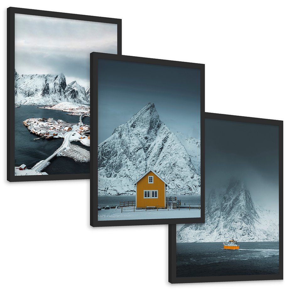 Zestaw obrazy w ramie, plakaty - góry, śnieg, woda - rama czarna