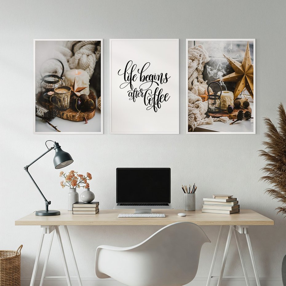 Zestaw obrazy w ramie, plakaty - kawa, świece, dekoracje - rama biała