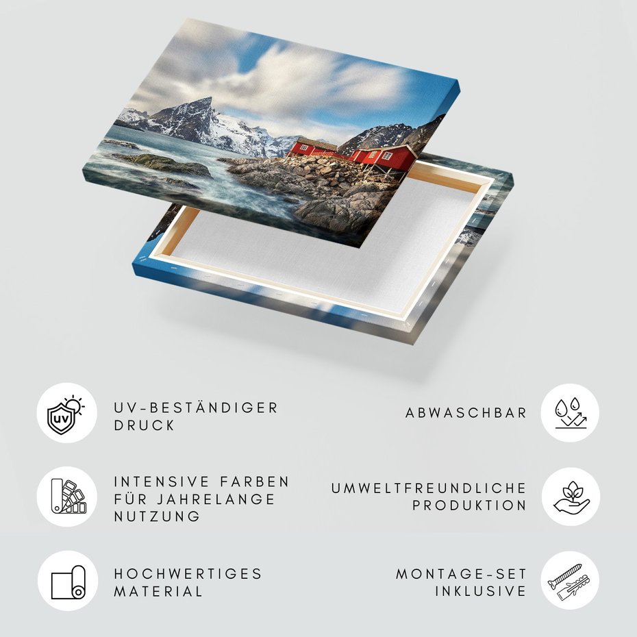 Obraz na płótnie - góry, domki, morze