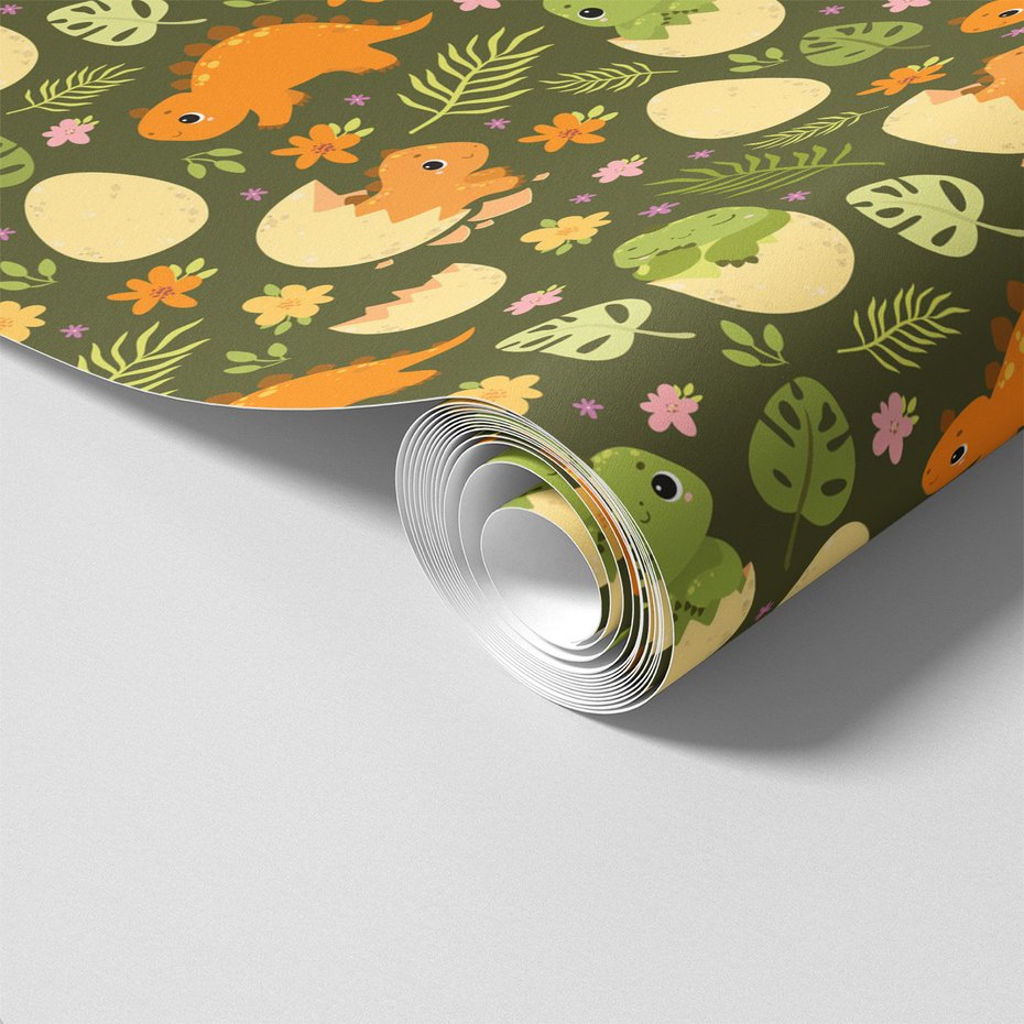 Tapeta - dziecięca, dinozaury, jaja, kwiaty