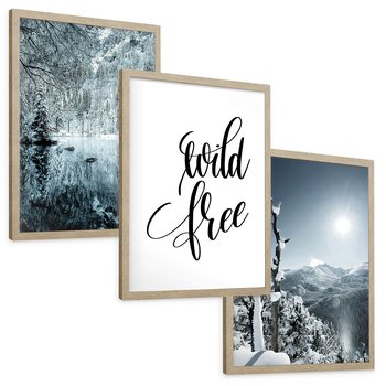 Zestaw obrazy w ramie, plakaty - zima, śnieg, góry - rama drewno