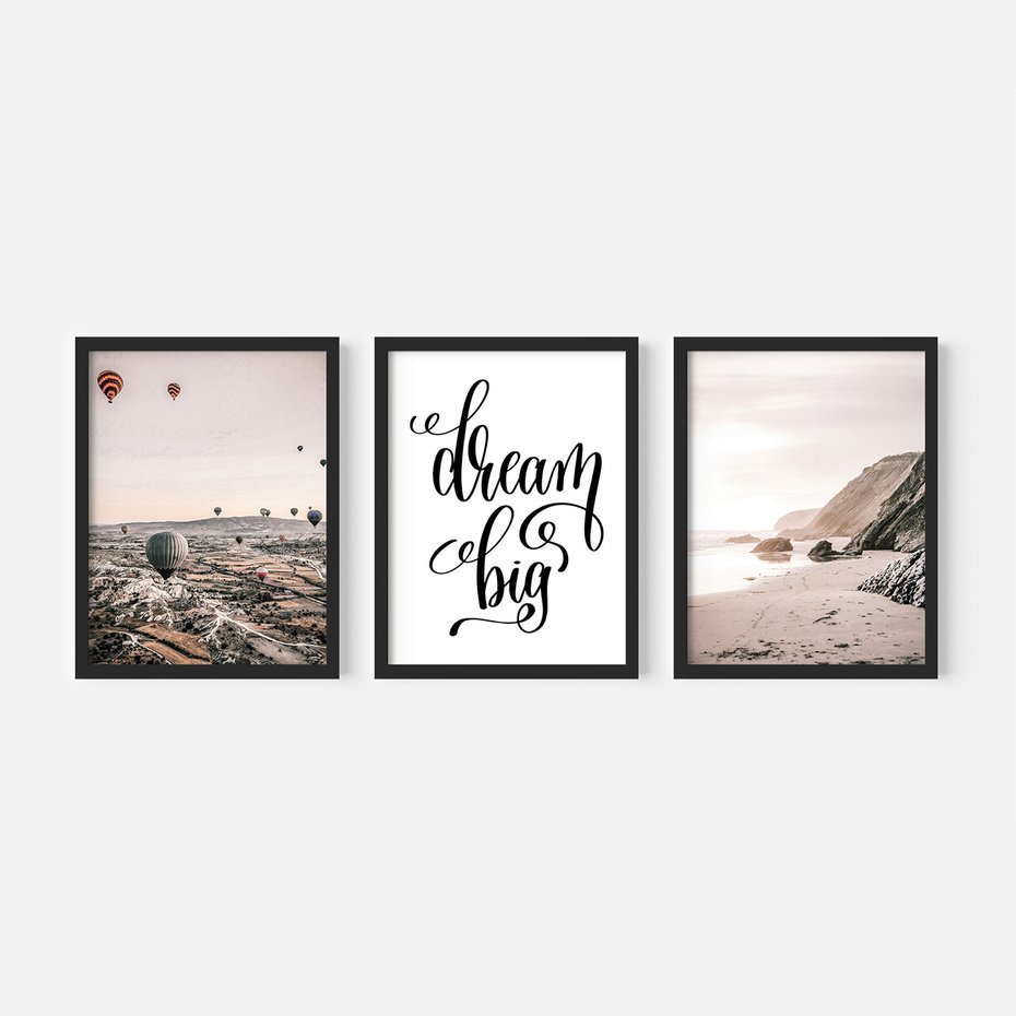 Zestaw obrazy w ramie, plakaty - balony, plaża, skały - rama czarna