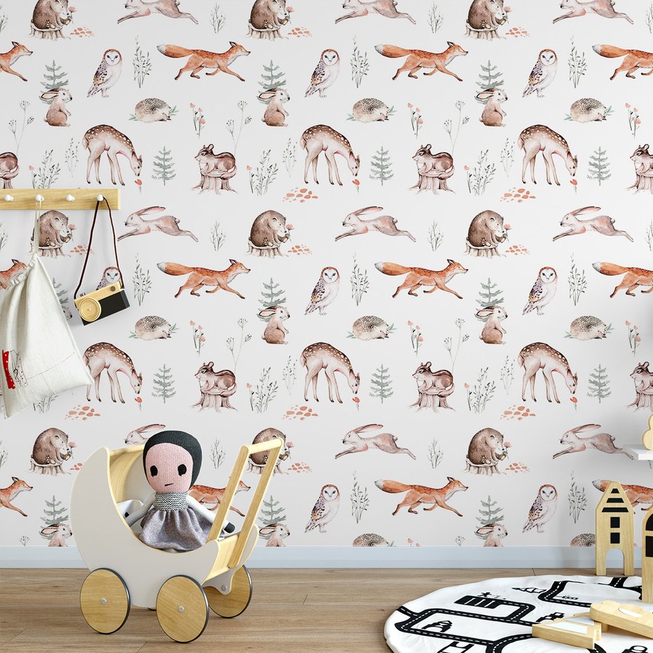 Tapeta - dziecięca, zwierzęta, las, ilustracje