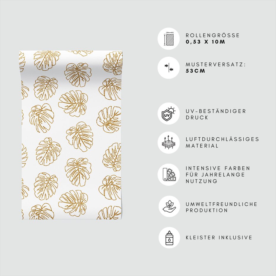 Tapeta - liście, monstera, złoto
