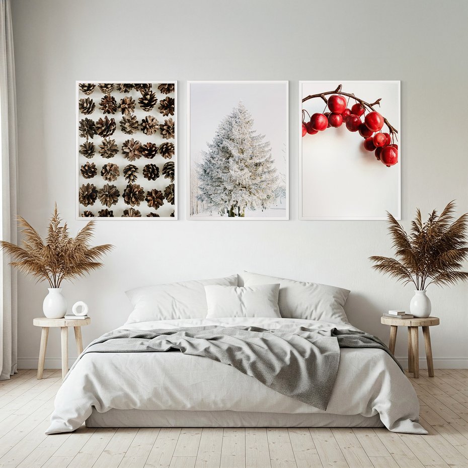 Zestaw obrazy w ramie, plakaty - szyszki, jabłka, zima - rama biała