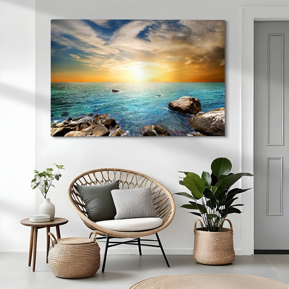 Obraz na płótnie - morze, skały, zachód słońca