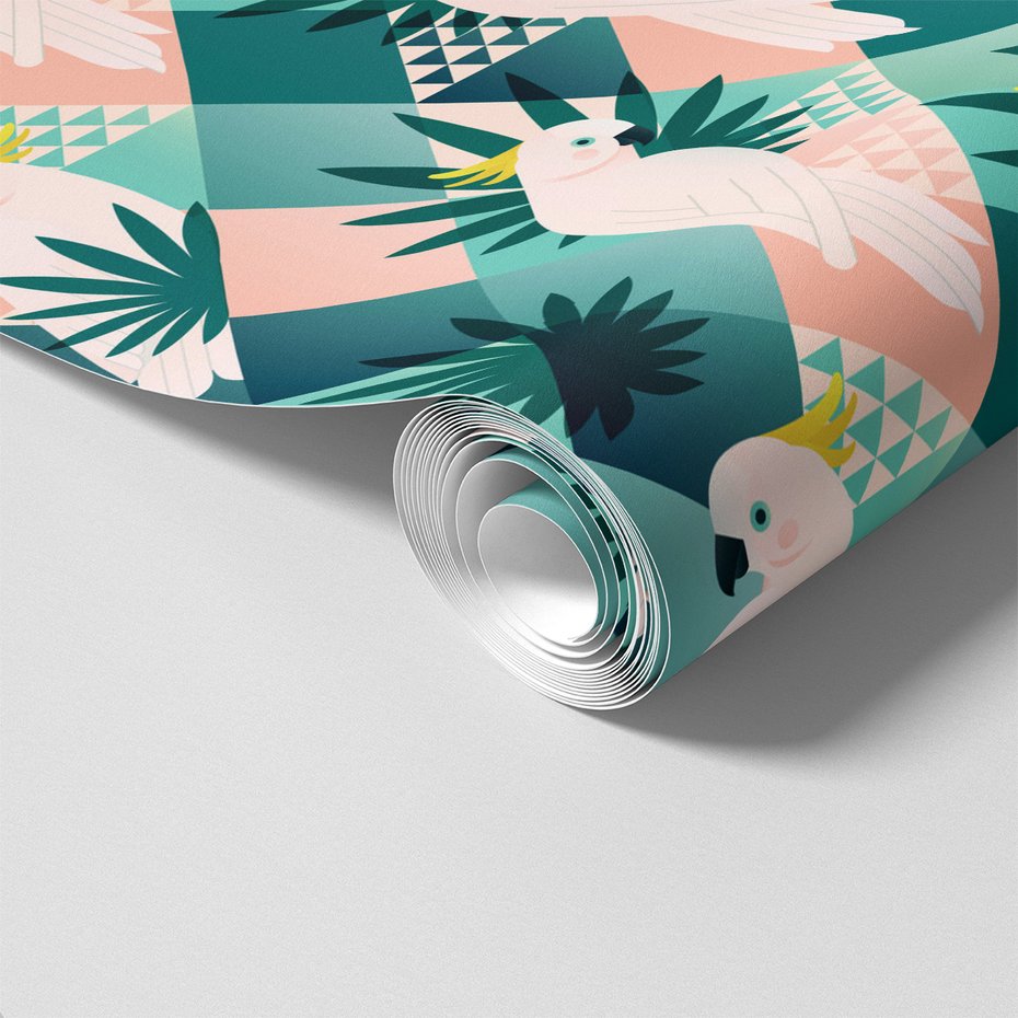 Tapeta - papuga, liście, trójkąty