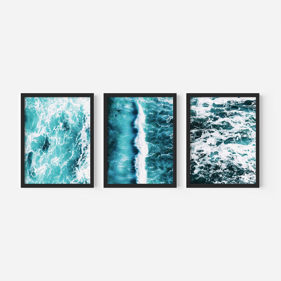 Zestaw obrazy w ramie, plakaty - woda, fale, turkusowy - rama czarna