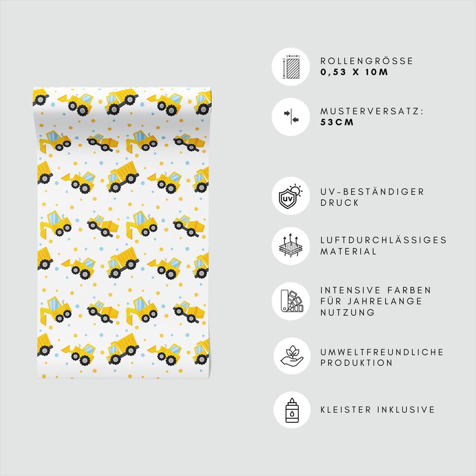 Tapeta - dziecięca, koparka, ciężarówka, kropki