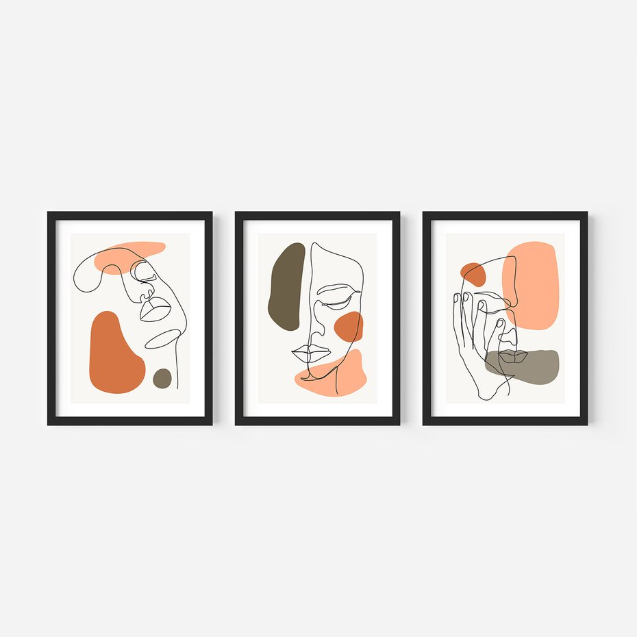 Zestaw obrazy w ramie, plakaty - abstrakcja, twarz, minimalizm - rama czarna