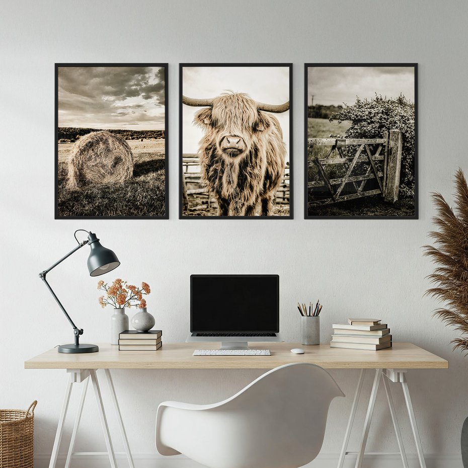 Zestaw obrazy w ramie, plakaty - wieś, zwierzęta, krajobraz - rama czarna
