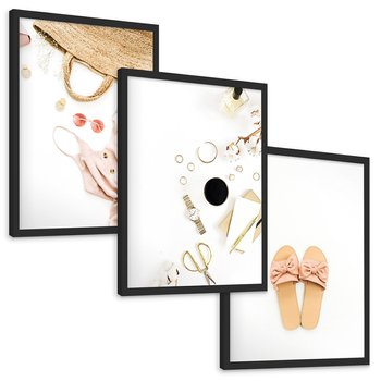 Zestaw obrazy w ramie, plakaty - akcesoria, różowy, złoty - rama czarna