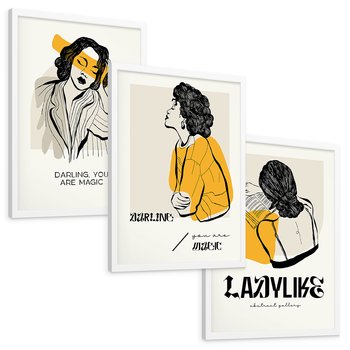 Zestaw obrazy w ramie, plakaty - kobieta, rysunek, portret - rama biała