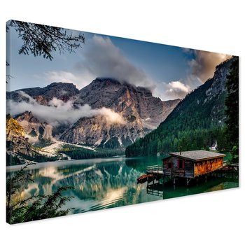 Obraz na płótnie - góry, jezioro, drewniany dom