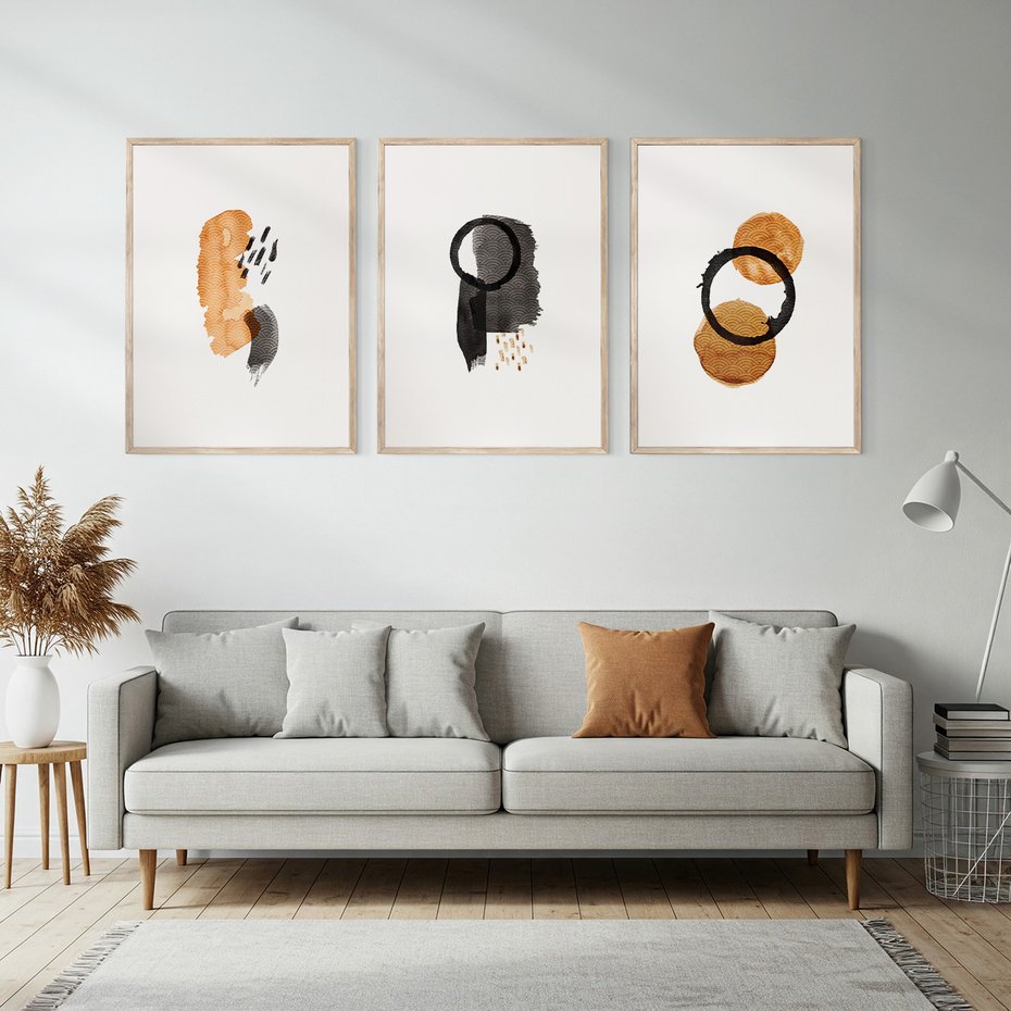 Zestaw obrazy w ramie, plakaty - abstrakcja, geometryczne, kształty - rama drewno