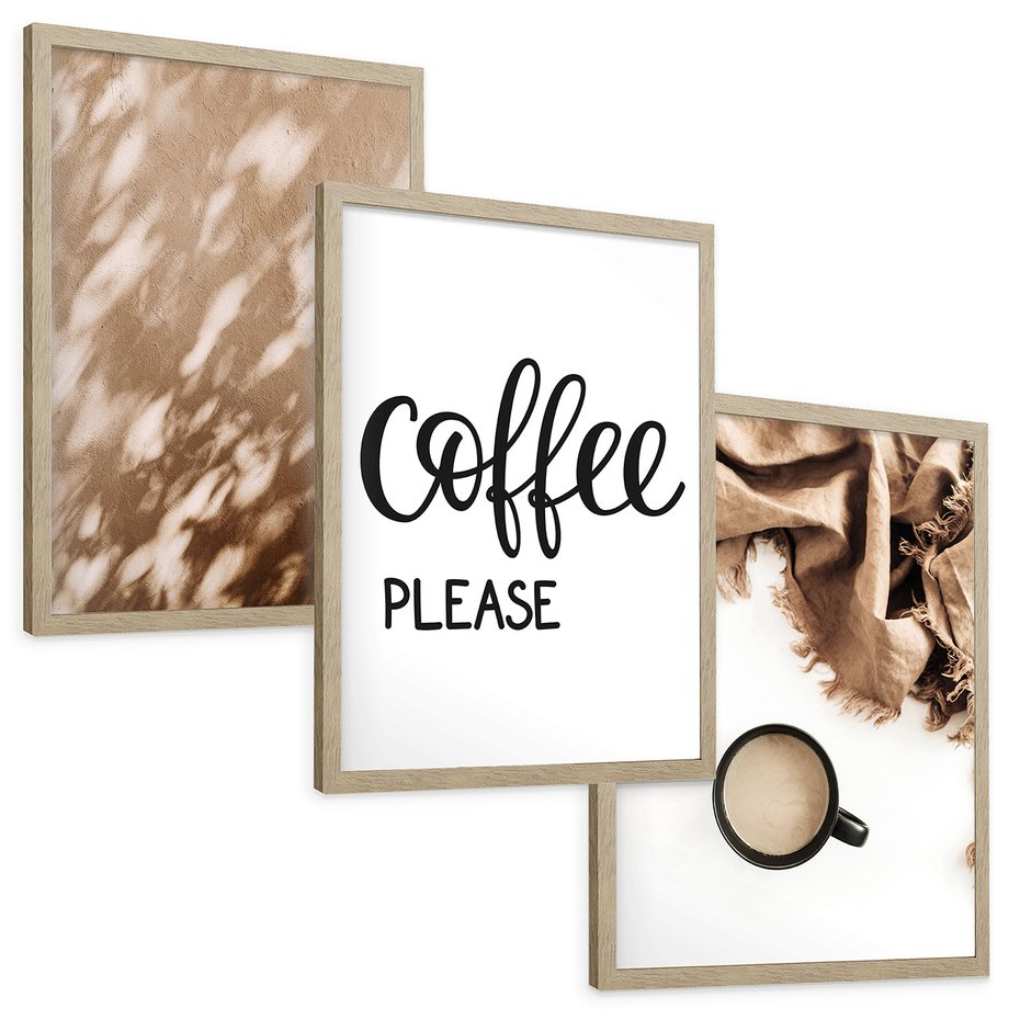 Zestaw obrazy w ramie, plakaty - kawa, napój, tekst - rama drewno