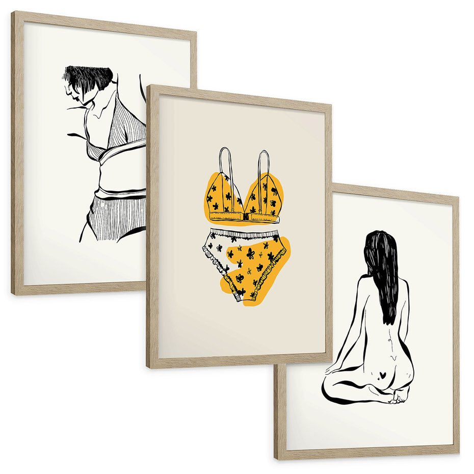 Zestaw obrazy w ramie, plakaty - kobieta, bielizna, ciało - rama drewno