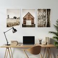Zestaw obrazy w ramie, plakaty - wieś, dom, drewno - rama biała