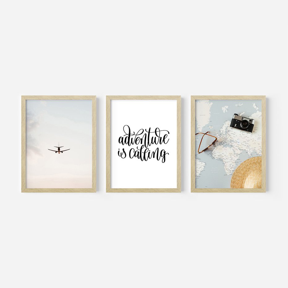 Zestaw obrazy w ramie, plakaty - podróż, samolot, mapa - rama drewno
