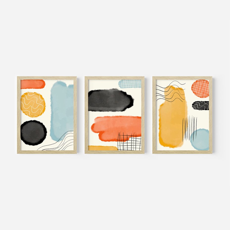 Zestaw obrazy w ramie, plakaty - abstrakcja, pastelowe, geometryczne - rama drewno